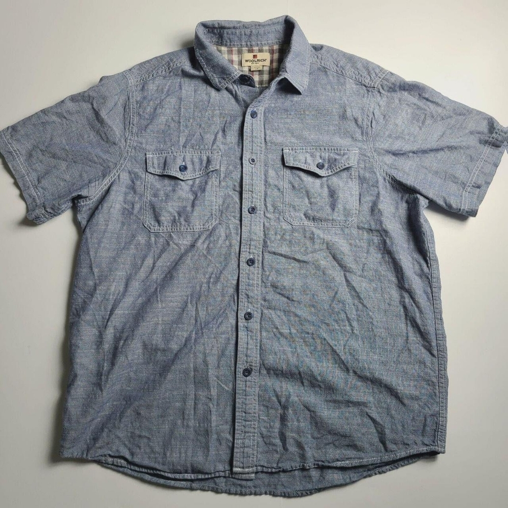 WOOLRICH Denim Chambray Short Sleeve Button Down Cotton Shirt | SZ L